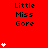 Red background with repeated 'Little Miss Gore' text and white heart icons in varying quantities per