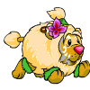 Animated cartoon character with light brown fur, pink nose, green leg bands, and purple flower on head in five sequential poses.