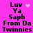 A bright pink background displays repeated text "Luv Ya Saph From Da Twinnies" with pixelated white heart and starburst symbols changing position across frames.