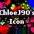 Pixelated image with bold white text reading 'chloej90's Icon' over a dark background with colorful abstract shapes.