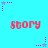Pixelated cyan background with repeated red 'story' text and pink/purple star-shaped animations.