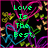 Pixelated green text on black background with colorful heart and flower patterns, displaying three phrases across four