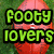 Pixelated green text on a red football-shaped background with dark green grass, displaying 'FOOTY LOVERS' and 'Curtis Matt Beau'.