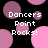Pixelated image with black background and pink circles, displaying text "Dancers Point Rocks!" in white pixel font.