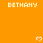 Pixelated orange background with repeated white text 'BETHANY' and small heart symbols in a pattern