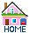 A 2x2 contact sheet of four animated frames showing a pixel art house icon with the word "HOME" below it, each frame displaying different text color variations for the word "HOME".