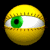 A 4x3 contact sheet of 12 animated frames showing a yellow spherical character with green eyes and white eyelids, displaying various eye movements against a black background.