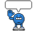 Blue pixelated character waving with speech bubble text varying between 'Bye,' and 'Bye, bye'