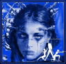 Blue-toned pixelated image of a person with curly hair and a chain-link fence background, featuring white silhouettes of running figures at the bottom.