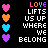 Pixelated text and heart icons arranged in a on black background, with 'LOVE' at top left of each section