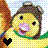 Pixelated character with yellow face, dark hair, and purple mouth holding a black heart symbol against colorful background.