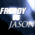 A 6-frame animated contact sheet showing the text "FREDDY VS JASON" in white stylized font against a dark blue background with light streaks, arranged in a 3x2 grid.