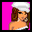 Pixel art contact sheet of a female character in four frames showing different body parts and text on bright pink background.