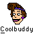 Pixel art icon of a cartoon character with brown hair, purple accessories, and pink lips against gray background, below which is stylized text reading "Coolbuddy".