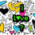 Pixelated green text on black backgrounds with heart symbols, set against a patterned backdrop of hearts and abstract shapes in yellow, blue, pink, and black.
