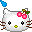 Pixelated white cat face with black eyes, yellow nose, brown whiskers, and pink cherry cluster on head; blue water droplets float above.