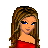 Pixel art contact sheet showing a female character in red and white clothing with multiple poses, close-ups, and text elements.