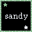 Two side-by-side black square with white pixelated text 'sandy' and green/white stars at corners, bordered by light green dotted frame