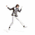 Animated icon shows a figure in gray jacket and white pants performing a dynamic pose with arms raised and legs spread against white background.