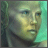 Pixelated close-up of a person's face with light skin tone, dark hair visible on left side, and greenish background.