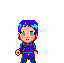 Pixelated character with blue hair and clothing transitions through multiple states including standing, holding a glowing orb, transforming into translucent blue form, and emerging from blue flame-like shapes.