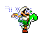 Pixelated character in green overalls, purple shirt, brown shoes, white hat with black brim, holding a yellow hammer-like tool while surrounded by blue sparkles.