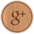 Circular wooden icon with brown 'g+' symbol centered on light brown wood grain background.