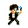 Pixel art character in dark jacket and green pants performs sequential actions with blue and orange particle effects against gray background.