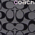 A static pattern of interlocking 'C' shapes in black and gray with the word 'coach' repeated in light purple text across multiple