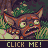 Pixel art of a brown and orange cat-like creature with green eyes, set against foliage background, below text reading 'CLICK ME!'