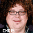 A 4-frame contact sheet of a person with curly brown hair and glasses, each frame showing the same individual with slight variations in facial expression and text color beneath their name "CHRIS".