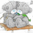 A gray teddy bear with blue eyes and green accents sits on a brown surface, holding a green object.