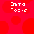 Red background with large red circles and white pixelated text reading "Emma Rocks" in four quadrants.