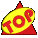 Animated sequence of a yellow oval 'TOP' sign rotating on a red triangular base with color variations.