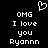 Pixelated white text and heart symbol on black background, displaying 'OMG I love you Ryann' in two identical vertical