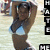 Animated sequence of a woman in a light blue bikini top and dark bottoms posing with arms raised behind her head on a beach background.