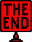 Red and black pixelated sign with 'THE END' text on a pole, shown in multiple orientations including upright, inverted, and rotated.