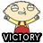 Pixelated cartoon character with large head, yellow shirt, red overalls, and closed eyes; text below reads VICTORY IS MINE!