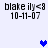 Pixelated text 'blake ily<8' and date '10-11-07' appear above two blue heart icons on a light background.