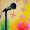 A microphone on a stand with a colorful gradient background and scattered pink and orange plus signs.