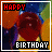 Four animated frames of a pixelated birthday icon showing a red cake with text changing colors across the frames.
