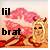 Pixelated static image with text 'lil' and 'brat' over a pink-and-orange gradient background featuring a stylized figure.