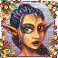 Pixelated portrait of a character with pointed ears, blue-tinted hair, and light skin against a purple background with floral border.