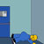 Pixelated blue structure with rectangular window, yellow and brown object on right, light blue background, and dark blue base.