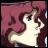 Pixelated anime-style profile of a character with long red hair and a light-colored top against a black background with text elements.