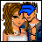 Pixel art icon of two cartoon characters kissing, one with long brown hair and a white top, the other with blue hair and a gray-and-blue outfit.