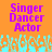 Pixelated text 'Singer Dancer Actor' in purple on orange background with cyan and light blue pixel art below.