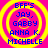 Four identical circular icons with yellow concentric rings on a pink background, each containing blue text listing names.
