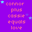 Purple background with repeated text 'connor plus cassie equals love' in pink, scattered light blue and purple stars, and a gray rectangle in bottom-right corner.