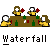 Animated pixel art sequence showing yellow figures with white faces and brown hats interacting with green bottles on a brown platform, with "Waterfall" text below.